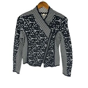 Anthropologie Moth Black White Jacquard Moto Sweater Jacket in Size XS/P